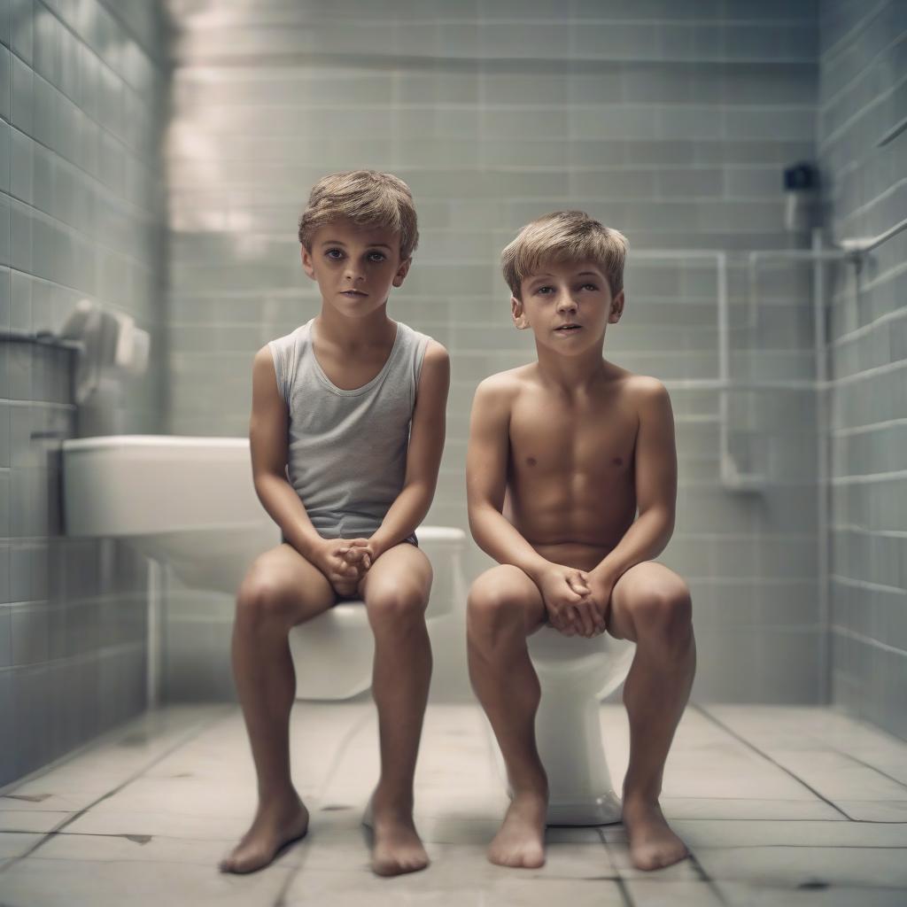  cinematic film still two gymnast sports boys 15, in the toilet, without a t shirt . shallow depth of field, vignette, highly detailed, high budget, bokeh, cinemascope, moody, epic, gorgeous, film grain, grainy