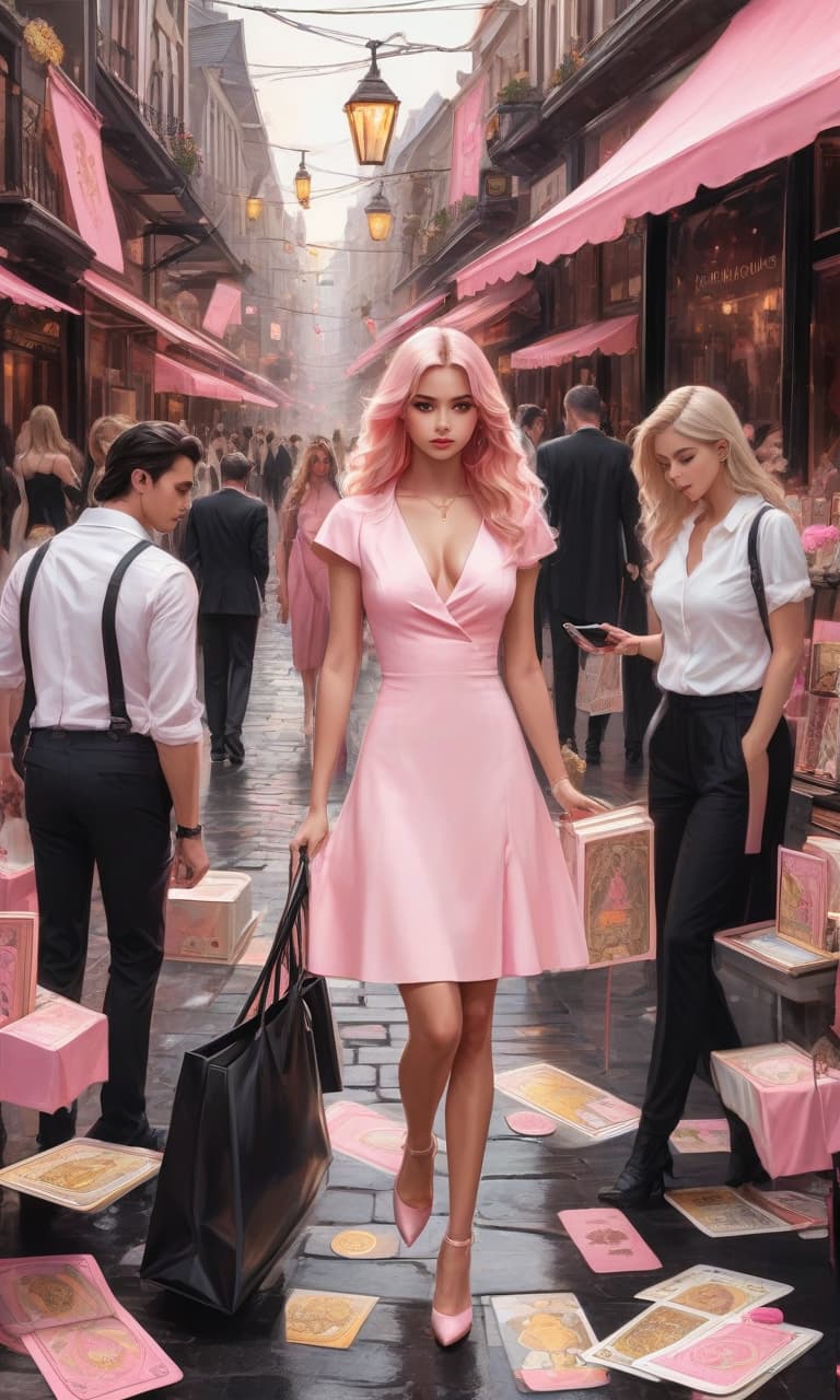  concept art tarot color pink, white, black, gold street with shops a lot of people in black suits and dresses they buried in phones, in the center of the street one girl in a pink dress . digital artwork, illustrative, painterly, matte painting, highly detailed, perfect hands