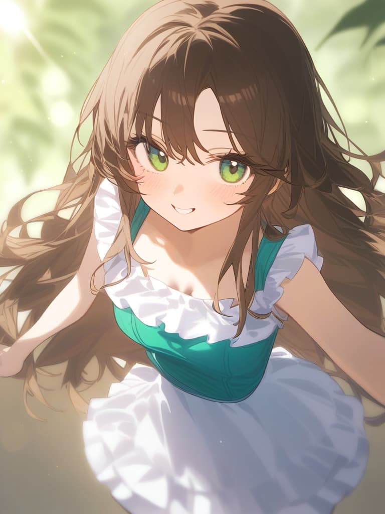  cute face focus,cute,brown hair,green eyes,y posing,frill onepiece,long hair