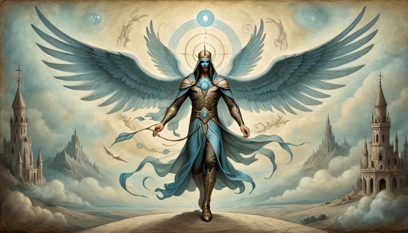  on parchment, surrealism+++, guardian spirit with ethereal wings, hovering above a wanderer, eyes glowing with knowledge, protective, guiding, watchful(mysterious, provocative, symbolic,muted color)+++