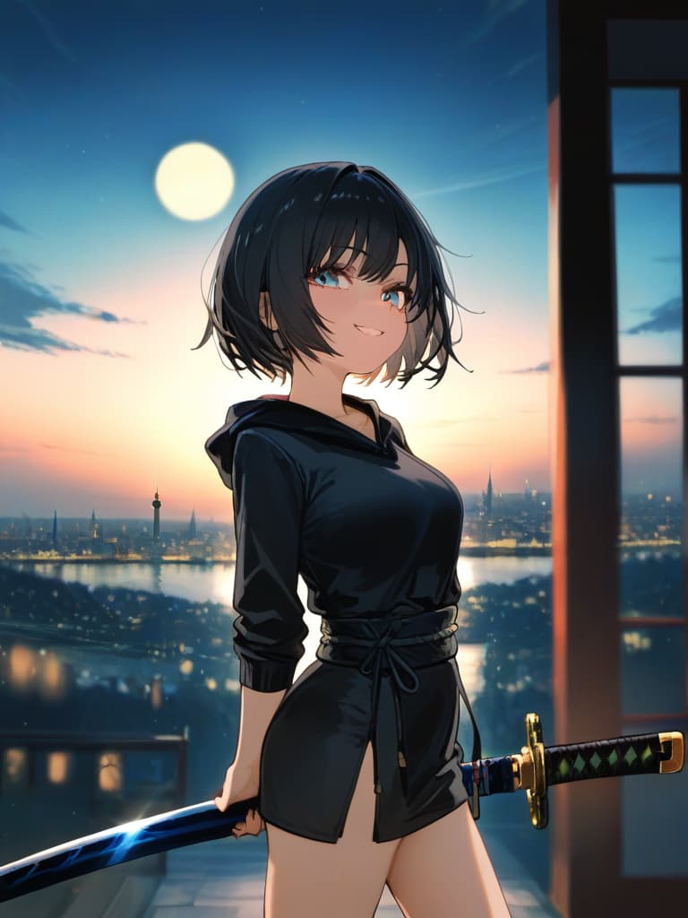  ultra detailed:1.2,masterpiece:1.2,best quality,masterpiece,bestquality,hdr:1.1,8k:1.1,very cute girl:1.3,wearing a black hooded sweatshirt,black shorts,black tights,and long boots,((with a japanese sword at her waist:1.5)),crouched atop a london bigben,gazing into the distance,with an ominous grin on her face,set against a night sky with a large moon and no stars,overlooking the scattered lights of an ancient london town.(black hair,bob cut:1.4),((black ninja dress:1.5)),(seductive smile,grin:1.1),(full body,face focus:1.4)