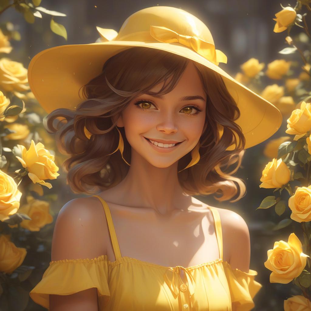  concept art portrait. head and shoulders portrait. a woman in a yellow sundress with a straw sunhat and yellow ribbon, smiling near yellow roses outside, with brown eyes and hair. head and shoulders portrait. inspired by greg rutkowski, artgerm, wlop, alphonse mucha. warm, vibrant triadic colors and dynamic, soft, natural lighting. unreal engine 5, volumetric lighting and hyperdetailed textures. intricately detailed, splash art. trending on artstation. highly realistic. 8k resolution, best quality. masterpiece.