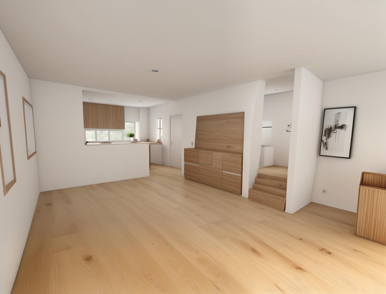  produce a photorealistic rendering of a minimalist living room with a wooden floor. the space should feature a simple, modern sofa as the focal point, with clean lines and neutral colors that complement the natural wood grain of the flooring.