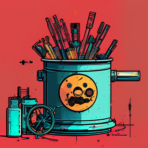 nvinkpunk a rusty saucepan is boiling on a gas stove, inside there are many used syringes, medical packages and pills, a rubber band is wrapped around the outside of the saucepan, a smile in the form of holes and a big, red, clown nose is drawn on the saucepan