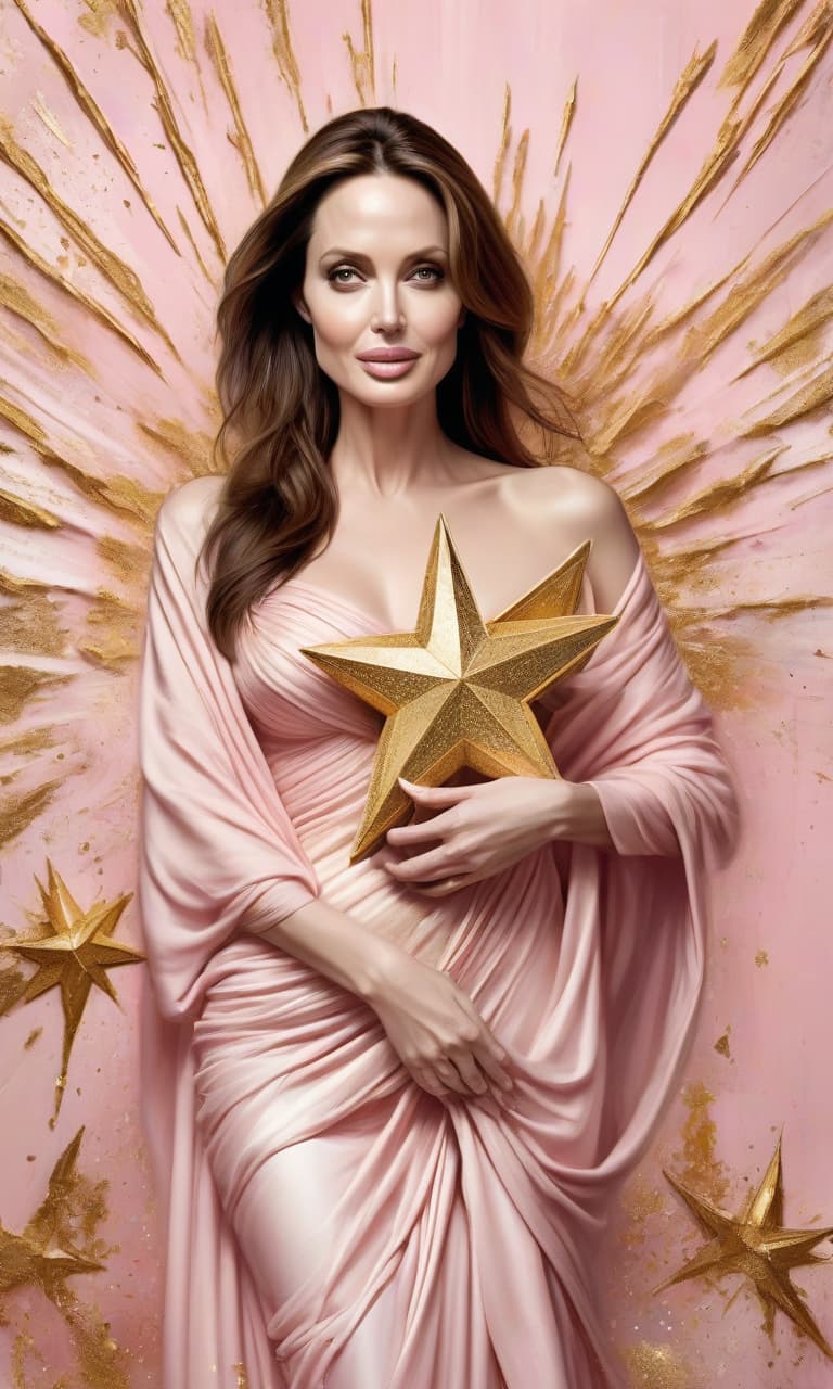  concept art pink, gold, black, white angelina jolie holds a star in her arms . digital artwork, illustrative, painterly, matte painting, highly detailed, perfect hands