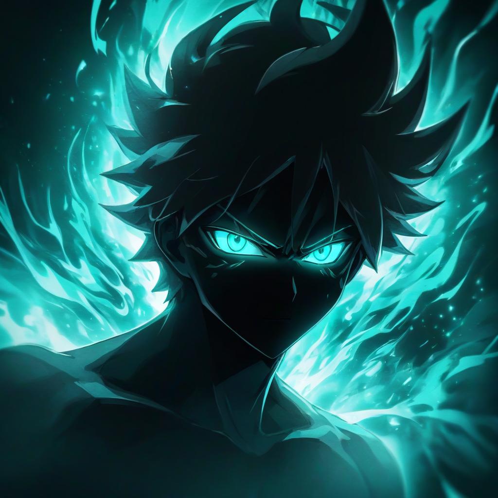  anime artwork a shadow of a man with glowing eyes, surrounded by a vibrant teal energy aura, dark anime style . anime style, key visual, vibrant, studio anime, highly detailed