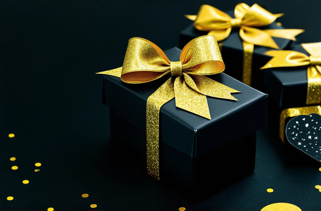  photo of black gift boxes with golden ribbon bow tag and golden confetti on isolated black background with blank space ar 3:2 {prompt}, maximum details