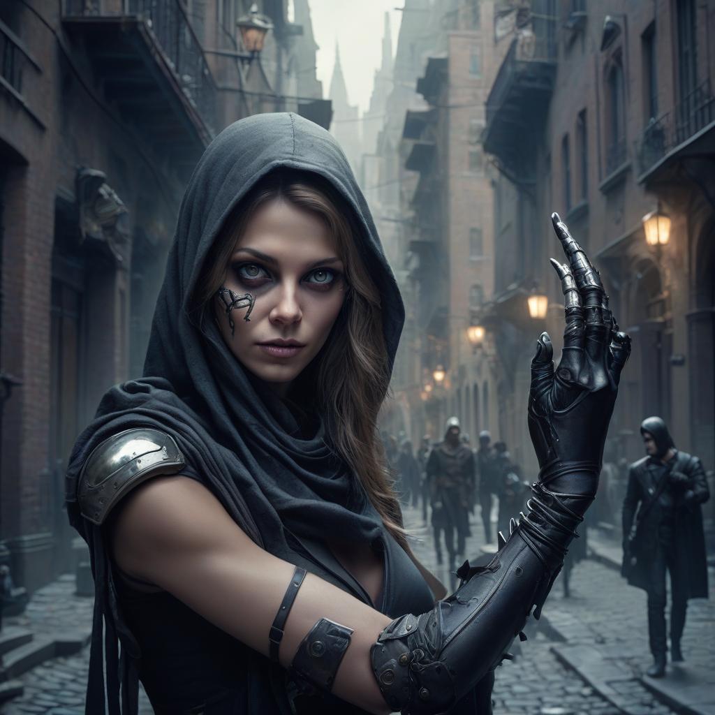  fantasy, woman, robber, prosthetic hand, city