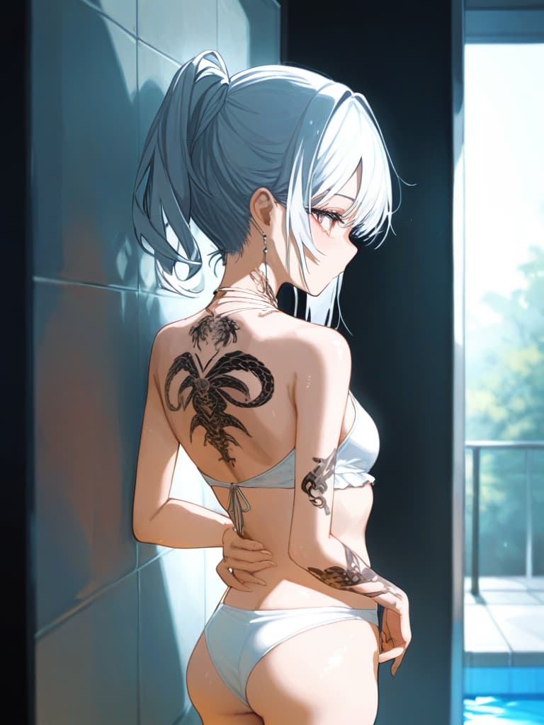  white headphones, white swimwear, poses that show their backs, poses on the wall, snake tattoo on , white frill pare, all body, feet, pool, standing, blond ponytail, tattoo on , tattoo on the back, small wings on the back. tattoo, headphones, tattoos on the legs, snake tattoo on , skeleton on arms, masterpiece, best quality,8k,ultra detailed,high resolution,an extremely delicate and beautiful,hyper detail