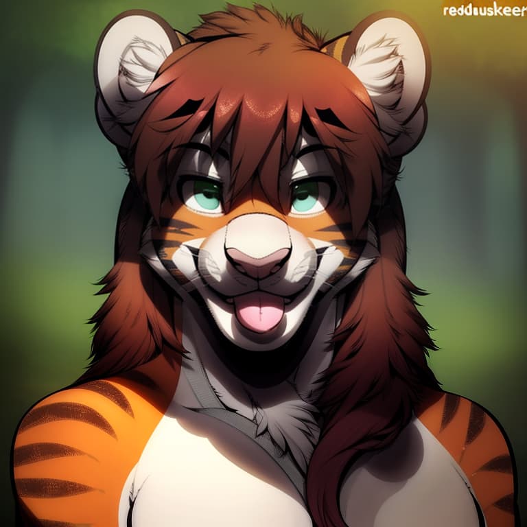  (by redrusker:1.5), felid mammal pantherine tiger blep blush brown_hair chest_tuft clothing female front_view fur green_eyes hair long_hair looking_at_viewer multicolored_body multicolored_fur orange_body orange_fur outside smile solo striped_body striped_fur stripes tongue tongue_out tuft white_body white_fur, open eyes, masterpiece, 4k, fine details,