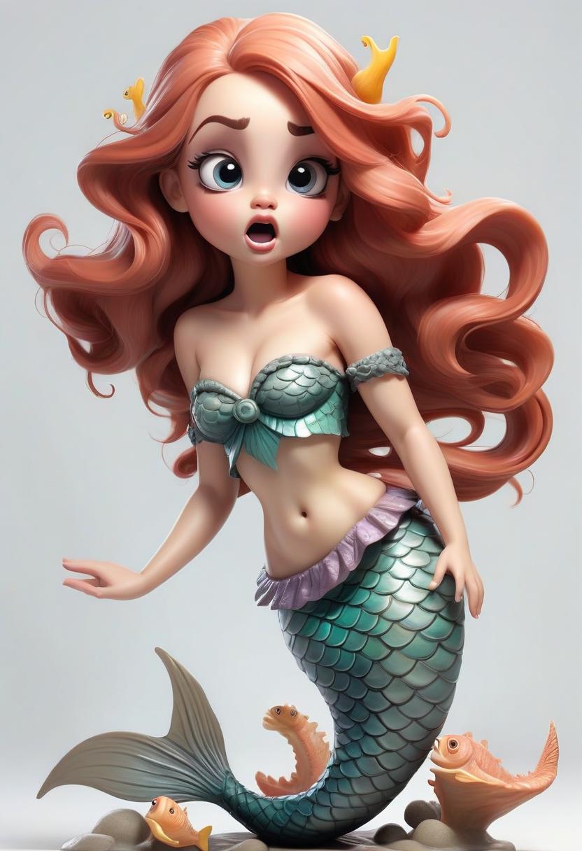  little nymph siren mermaid girl at full height. singing. eyes closed. nice face, plump cheeks, plump lips, big eyes, fish tail. white background.