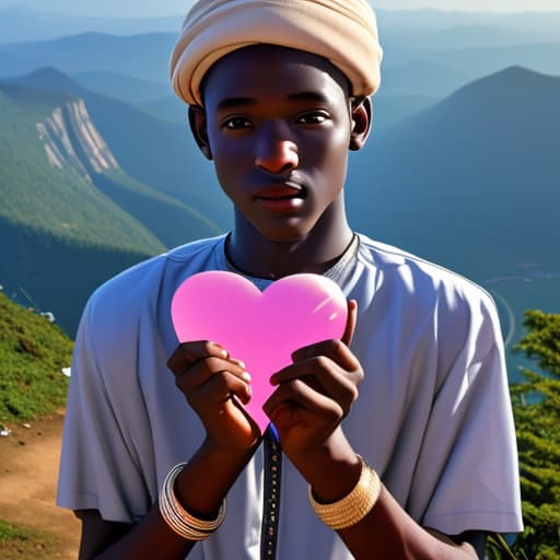  Fair skin Ghanaian boy holding a heart in his hands on a mountain