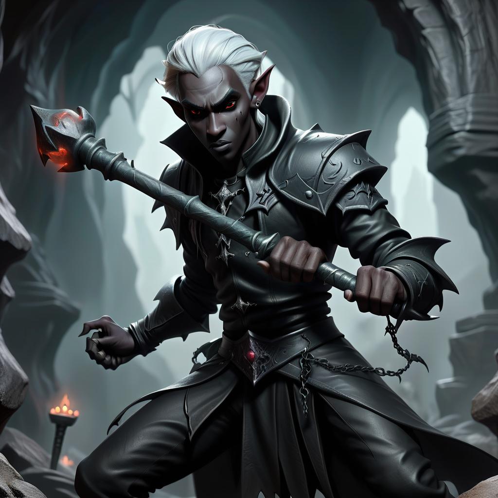  macabre style drow male elf cleric, simble plain black leather jacket, simple iron battle mace, dark cave temple . dark, gothic, grim, haunting, highly detailed, civitai, hkmagic