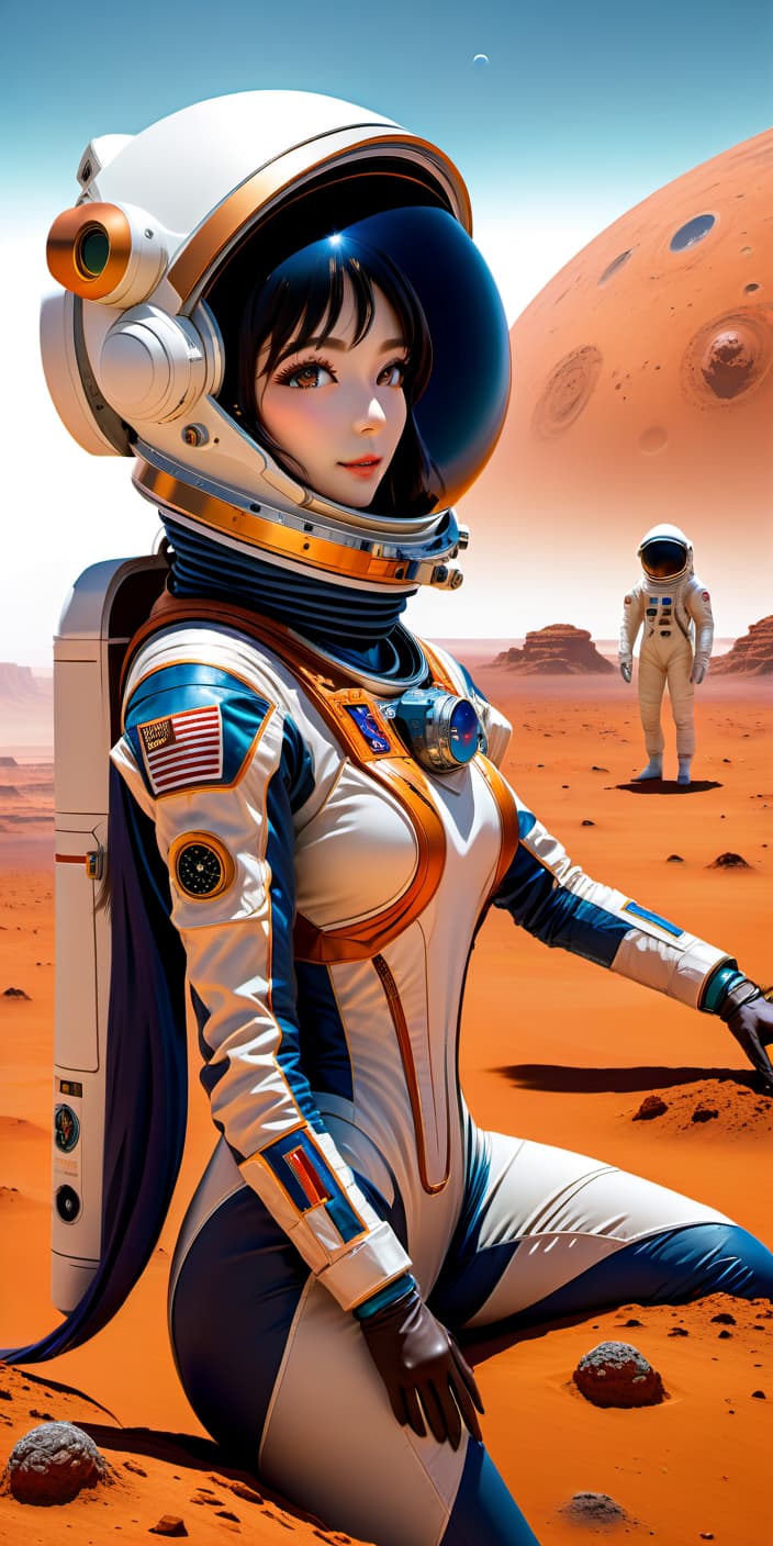  anime artwork an alien girl's meeting with a man of earthen, astronaut on mars. fantezi, oily painting, big kstya masks. . anime style, key visual, vibrant, studio anime, highly detailed, sticker hyperrealistic, full body, detailed clothing, highly detailed, cinematic lighting, stunningly beautiful, intricate, sharp focus, f/1. 8, 85mm, (centered image composition), (professionally color graded), ((bright soft diffused light)), volumetric fog, trending on instagram, trending on tumblr, HDR 4K, 8K