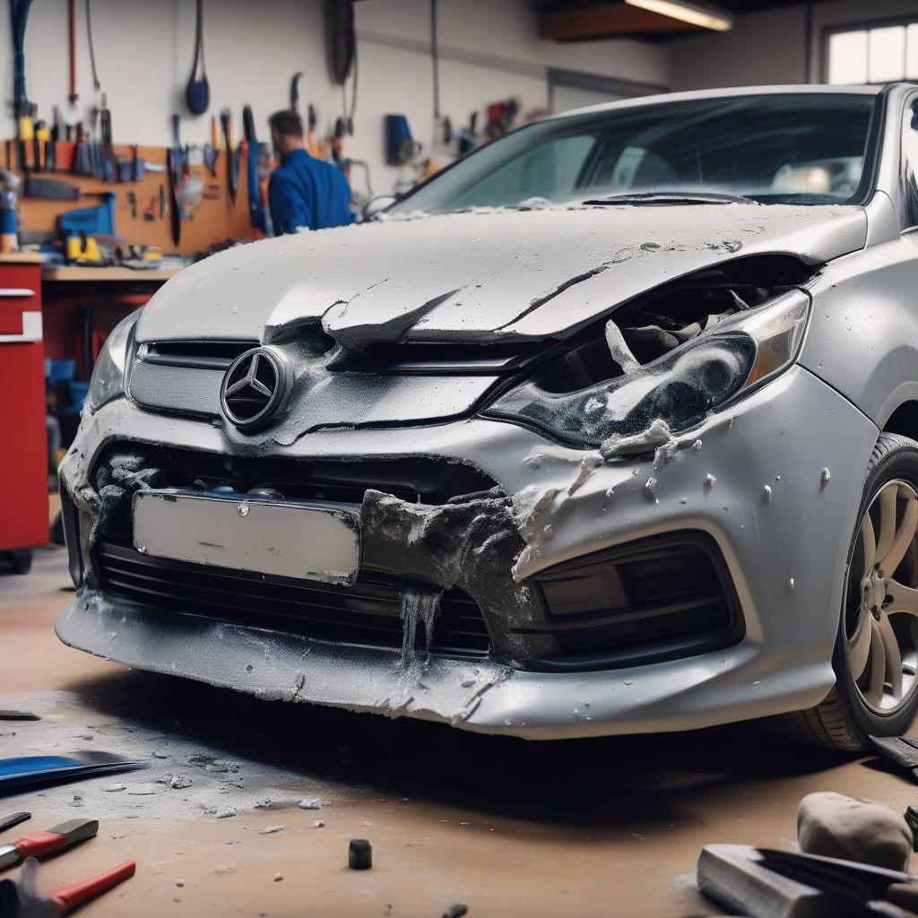  a broken bumper of a fiberglass car with visible cracks and chips lies on the desktop in the auto repair shop. near the bumper are several tools, such as a grinder, putty and brushes, indicating the stages of repair. in the foreground, a mechanic in safety glasses and gloves works to repair the bumper using these tools and materials. the background shows a fully renovated and painted bumper, which emphasizes the high quality of the work performed. the scene is detailed and conveys the essence of the professional car repair process.