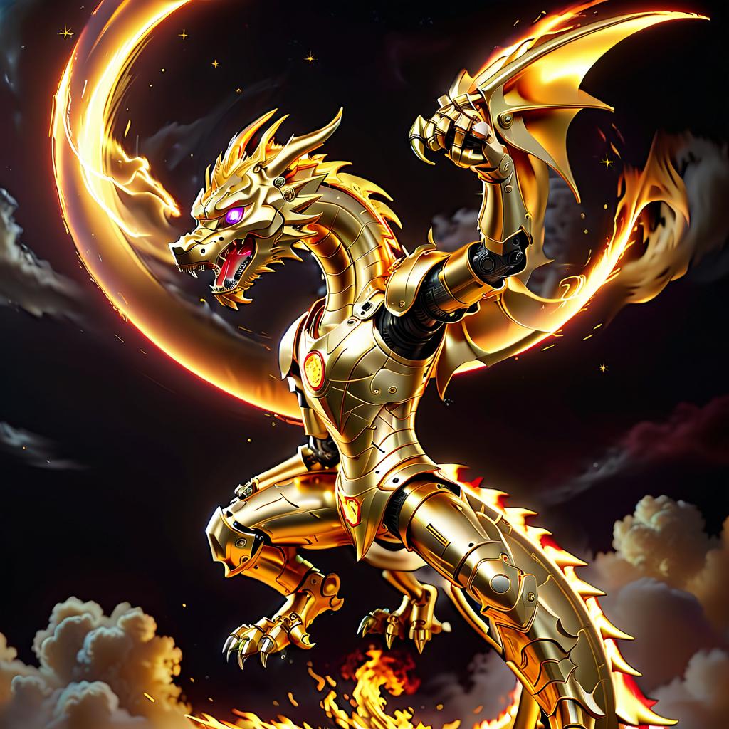  cybernetic robot realism style. clear details. the full length image is located within the frame. image in a fire gold patterned frame made in celtic style. a dragon with a golden skin flies in the black sky. the golden dragon has two golden wings on its back and holds a scroll with golden writings in its paw. in the sky you can see stars, comets and galaxies. . android, ai, machine, metal, wires, tech, futuristic, highly detailed, civitai, glowneon