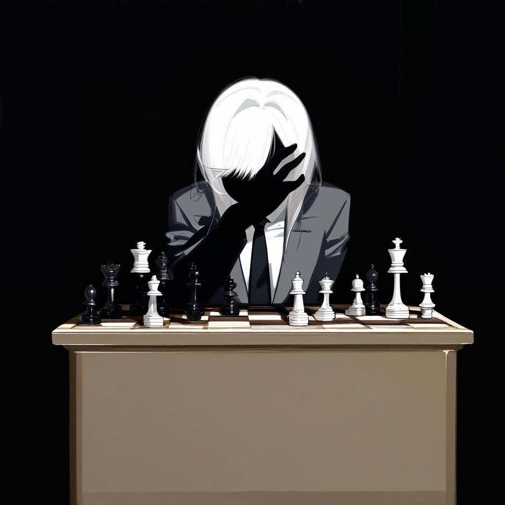  white hair anime woman with shadows hiding face, sitting in front of a table with a chess set on it,an evil smile on her face and only 1 eye is visible, leaning on one hand with arrogance, grey black suit, black tie . best quality, high resolution