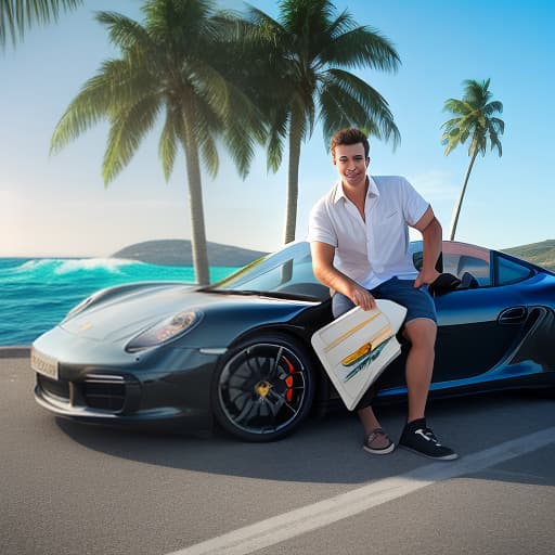  young guy with bristles, shirt with palm trees, sitting in an expensive porsche behind the wheel, side view profile, background ocean big waves, bright sun