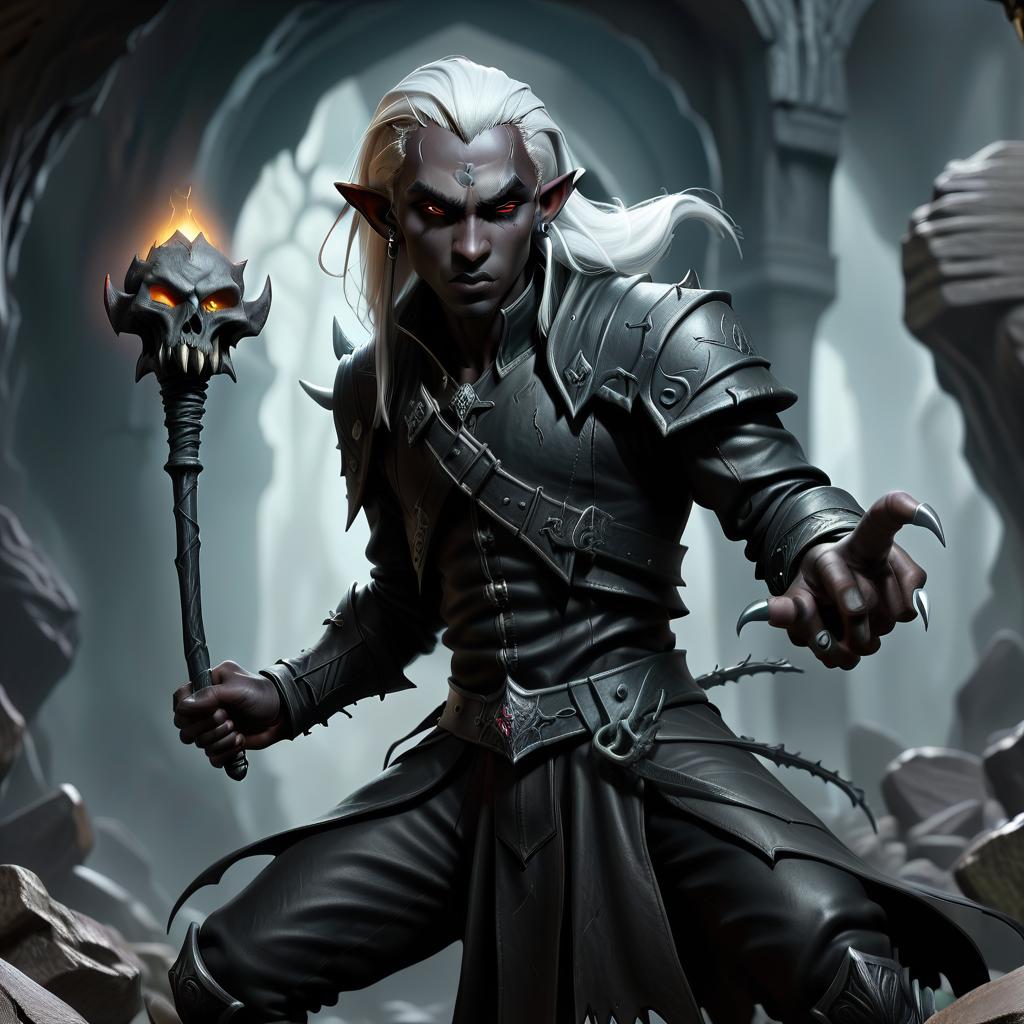  macabre style drow male elf cleric, simble plain black leather jacket, simple iron battle mace, dark cave temple . dark, gothic, grim, haunting, highly detailed, civitai, hkmagic