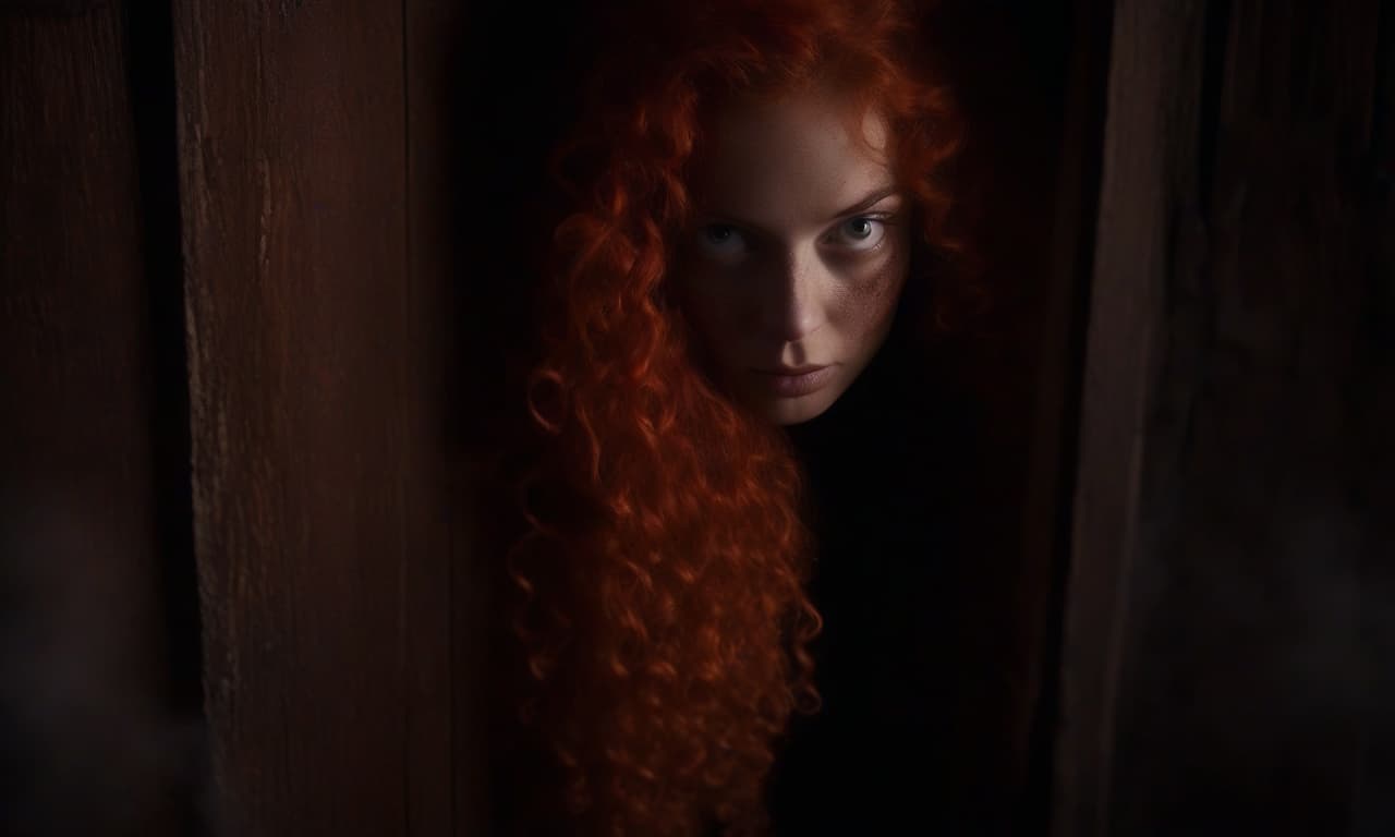  horror themed the portal is open in a wooden wall. in the portal you can see a beautiful girl with curly red hair, fog around her . eerie, unsettling, dark, spooky, suspenseful, grim, highly detailed