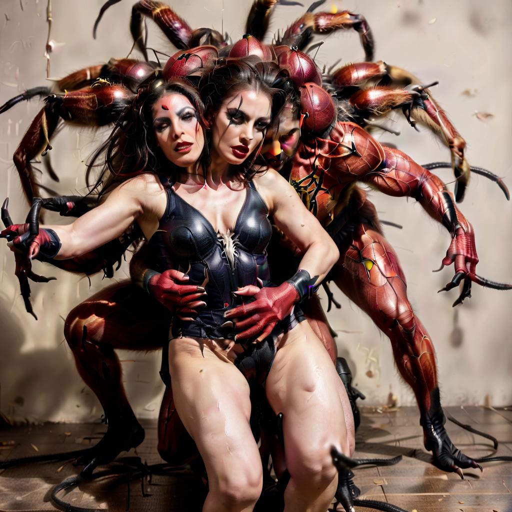  in the image two strong men are forcefully restraining a giant spider woman. the spider woman is a human sized creature; above the waist, she is a woman, while below, her body is that of a spider, like a centaur. the woman's upper body is very feminine and sensual, with a beautiful face and full lips. there is fear on her face. spider woman full body image., civitai