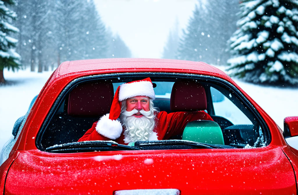  portrait of santa claus. santa claus is driving his red car, it's snowing ar 3:2 {prompt}, maximum details