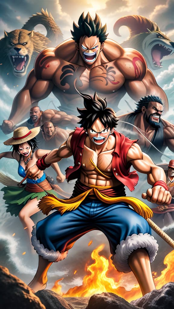  anime art of luffy's tactical allies turning the battle's tide against kaido in one piece. hyperrealistic, full body, detailed clothing, highly detailed, cinematic lighting, stunningly beautiful, intricate, sharp focus, f/1. 8, 85mm, (centered image composition), (professionally color graded), ((bright soft diffused light)), volumetric fog, trending on instagram, trending on tumblr, HDR 4K, 8K