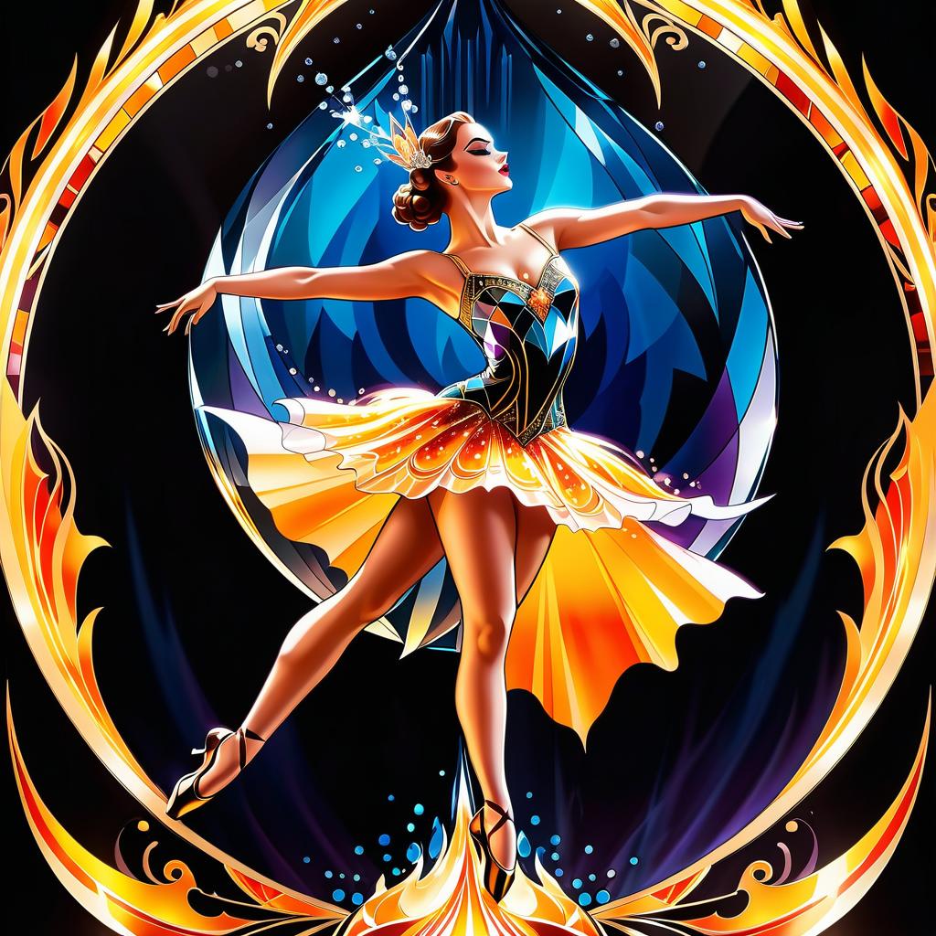  art deco style a crystal ballerina dances the grand batman in a flame of liquid glass. . geometric shapes, bold colors, luxurious, elegant, decorative, symmetrical, ornate, detailed, civitai, hkmagic