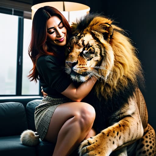  a big cat hugs a cute girl in the living room,lion,mount fuji hyperrealistic, full body, detailed clothing, highly detailed, cinematic lighting, stunningly beautiful, intricate, sharp focus, f/1. 8, 85mm, (centered image composition), (professionally color graded), ((bright soft diffused light)), volumetric fog, trending on instagram, trending on tumblr, HDR 4K, 8K