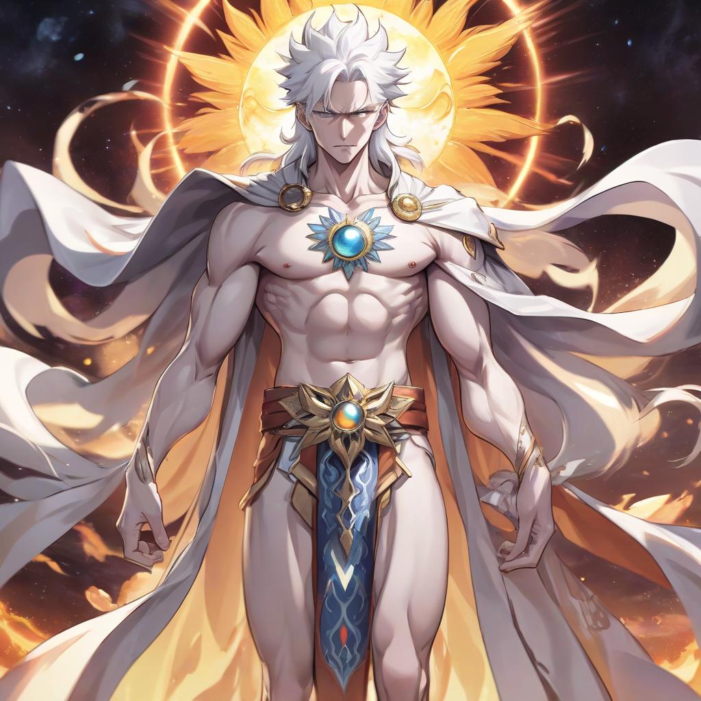  anime artwork man, white haired, tall, sullen, divine robe, god of the sun and moon, middle aged, pumped body, pale skin . anime style, key visual, vibrant, studio anime, highly detailed