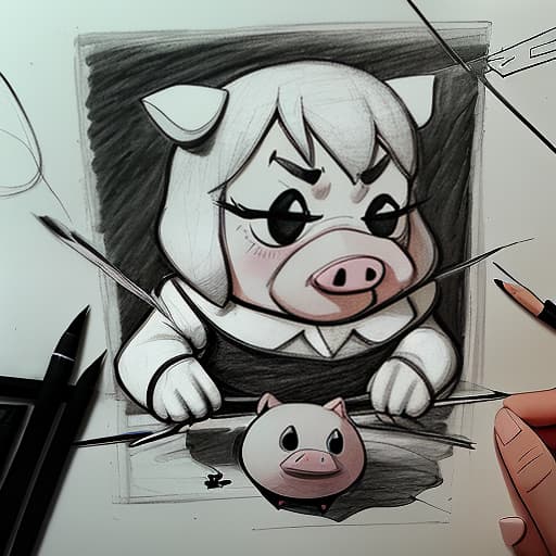  drawing with a thick pencil contour black white, an evil pig pulls the strings of a doll that cuts the thread with scissors