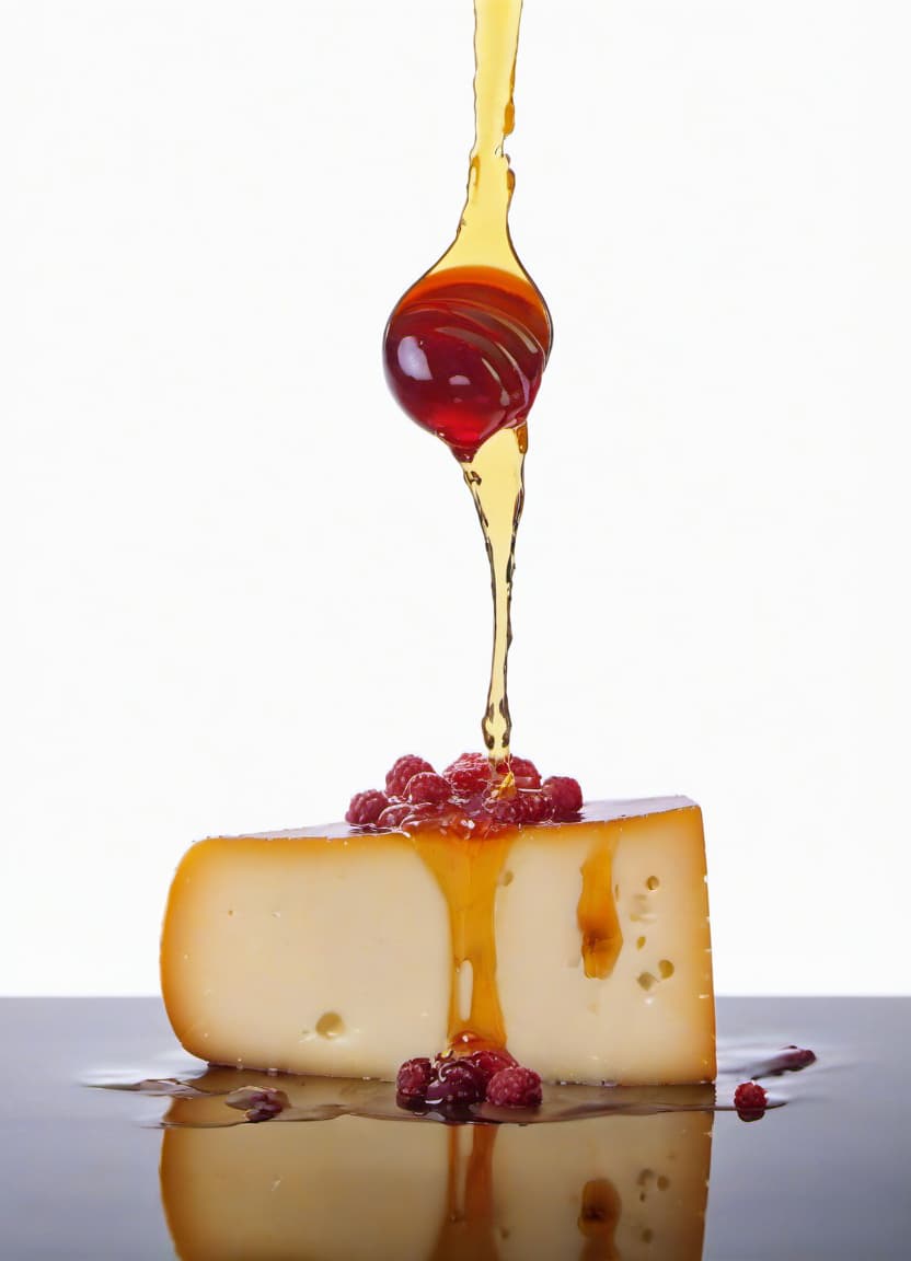  food photography style the cheese is poured with honey, next to raspberry jam and a few berries, a delicious cover, a beautiful reflection . appetizing, professional, culinary, high resolution, commercial, highly detailed, film photography style