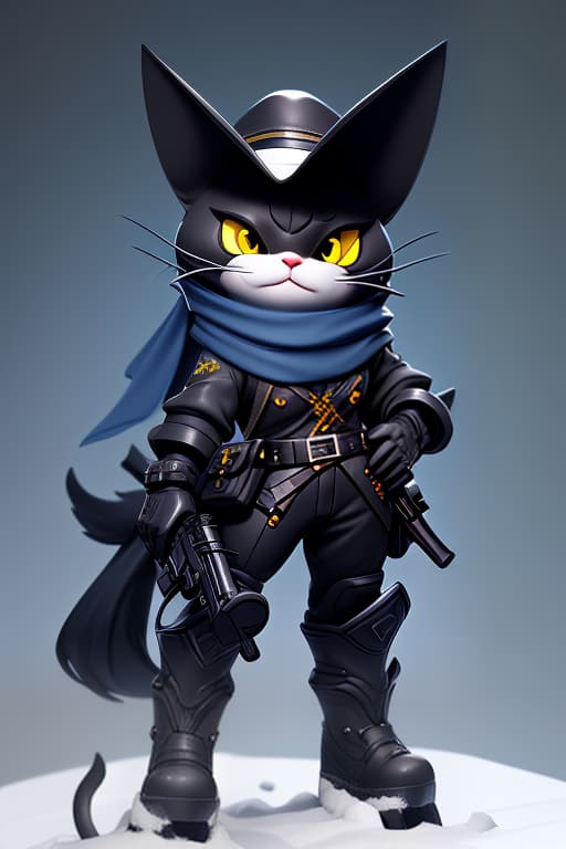  tabaxi, black wool, a cowboy hat, a revolver in his paw, winter surroundings, a black cat, a white horse, a gun behind his back, insulated clothes, yellow cat eyes, wears a balaclava (mask scarf) in a gray blue checkered color on his muzzle, black leather glovelettes (fingerless gloves) on his hands,black muzzle hyperrealistic, full body, detailed clothing, highly detailed, cinematic lighting, stunningly beautiful, intricate, sharp focus, f/1. 8, 85mm, (centered image composition), (professionally color graded), ((bright soft diffused light)), volumetric fog, trending on instagram, trending on tumblr, HDR 4K, 8K