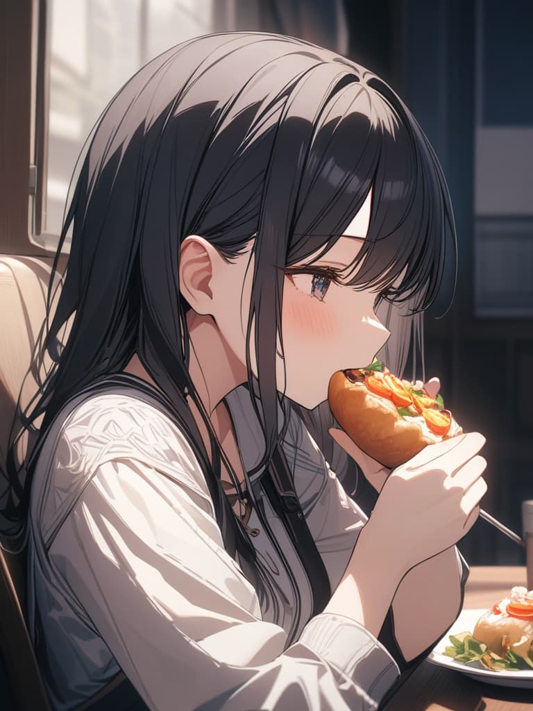  long black hair, beautiful, eating, masterpiece, best quality,8k,ultra detailed,high resolution,an extremely delicate and beautiful,hyper detail