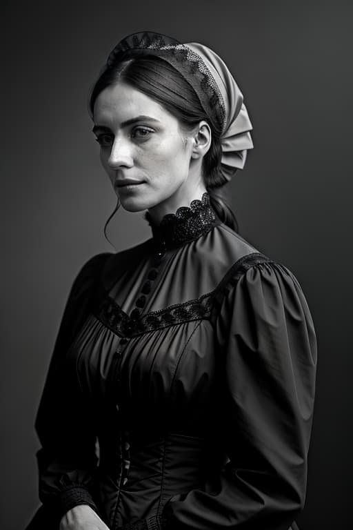  a victorian era servant woman poses for a head and shoulder portrait in a photograph style. sepia tones, 19th century aesthetics, stern expression, plain bonnet, lace collar, simple dress, dark background, soft diffused lighting, slight vignette, subtle shadows, worn textures, detailed fabric, julia margaret cameron inspiration, natural skin texture, melancholic mood, timeless atmosphere. hyperrealistic, full body, detailed clothing, highly detailed, cinematic lighting, stunningly beautiful, intricate, sharp focus, f/1. 8, 85mm, (centered image composition), (professionally color graded), ((bright soft diffused light)), volumetric fog, trending on instagram, trending on tumblr, HDR 4K, 8K