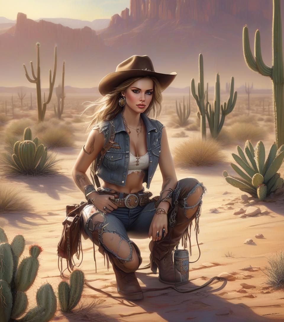  grunge style arafed woman in cowboy outfit kneeling in desert with cactus, female cowgirl, by mort künstler, by magali villeneuve, by pamela ascherson, highly detailed digital painting, cowgirl, western art, in stunning digital paint, western cowgirl, realistic digital painting, smiling woman, photorealistic digital painting, ultradetailed digital painting . textured, distressed, vintage, edgy, punk rock vibe, dirty, noisy