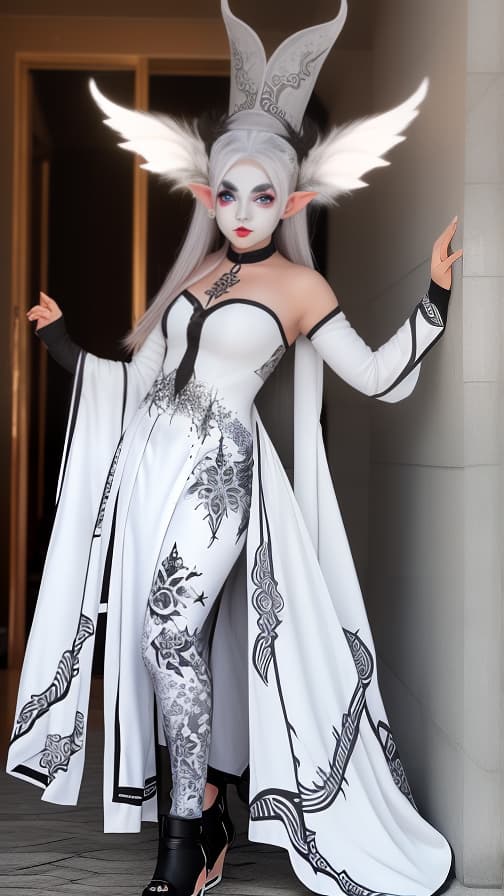  White and Blark flame pattern body paint in every corner of the whole body, grey body paint full body, grey face paint on the face, elf, full body image female