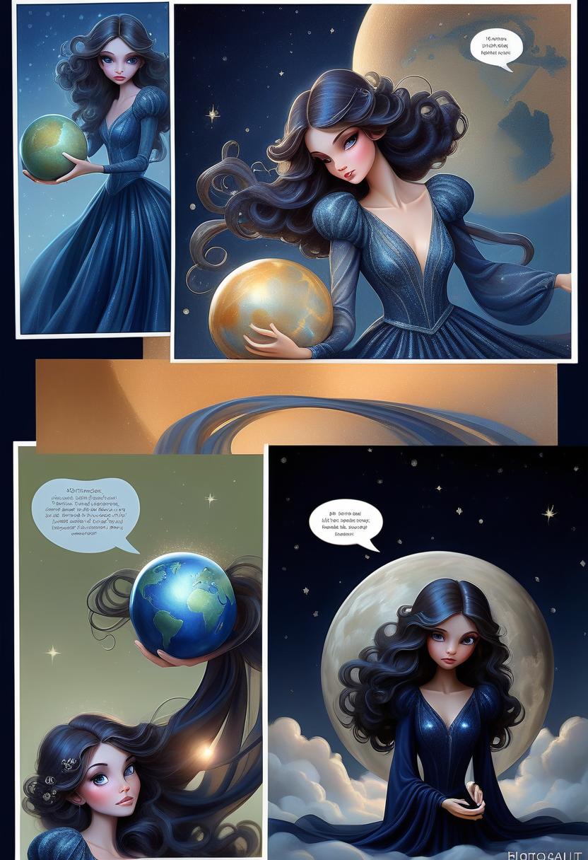  fairy tale enchantress in dark blue shimmering evening dress with airy long sleeves holding a small planet. her dark wavy hair is loose. photorealism. looking directly into the camera. . magical, fantastical, enchanting, storybook style, highly detailed