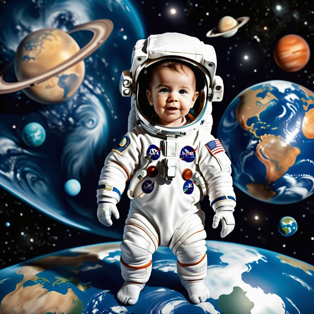  astronaut baby stands opposite planet earth