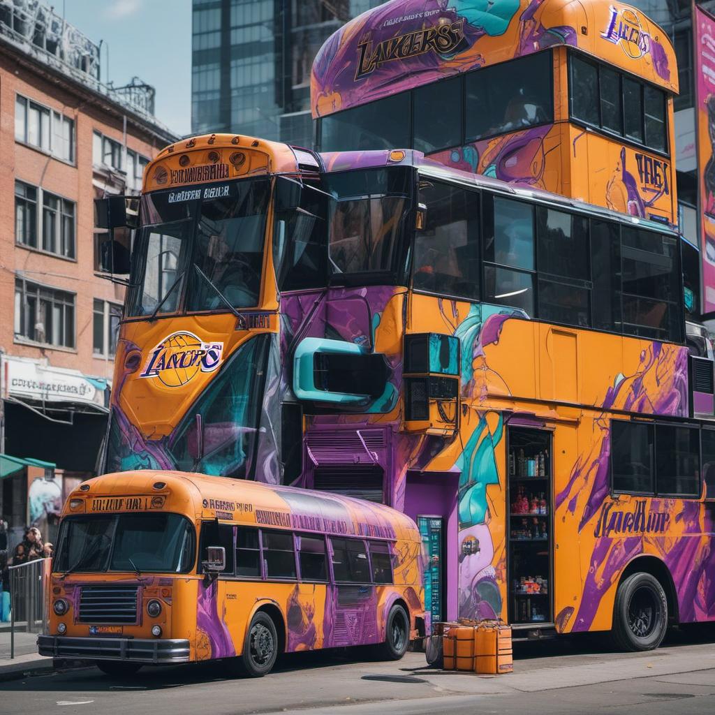  bus food truck des panier de basket ball à 3m du sol decorer au thème des lakers, cyberpunk style