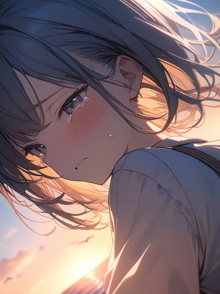  crying face, sea, sunset in the back, tears, girls, cute, sad, jumping, masterpiece, best quality,8k,ultra detailed,high resolution,an extremely delicate and beautiful,hyper detail