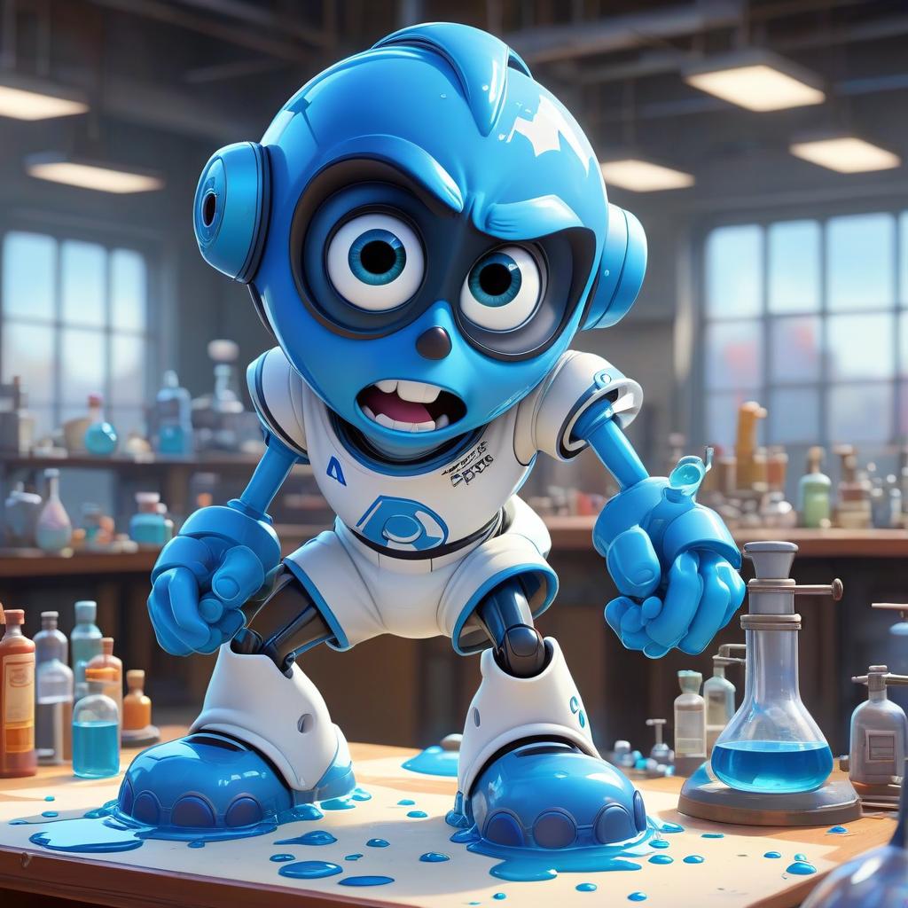  concept art the character of pixar cartoons in engineered form stands next to a lab bulb filled with blue liquid that says "@." image background white . digital artwork, illustrative, painterly, matte painting, highly detailed, t shirt design