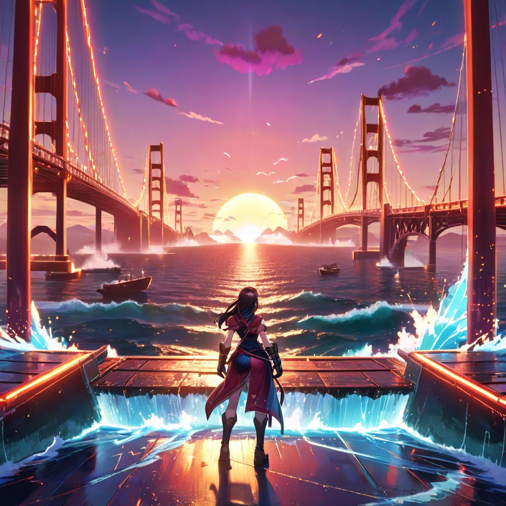  fighting game style dawn, background bred bridges over the sea . dynamic, vibrant, action packed, detailed character design, reminiscent of fighting video games, glowneon