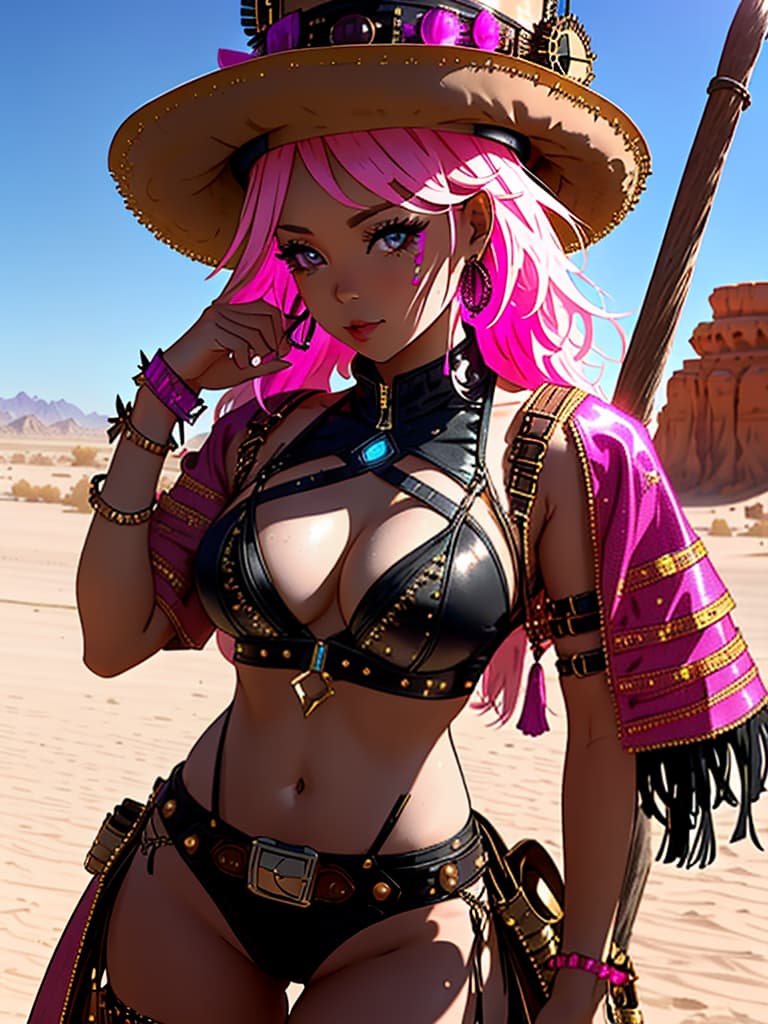  A medium, photo of a female influencer on the desert festival, dressed in a revealing rave outfit, decorated with fringe, bright outfit, steampunk style, daytime, desert background, sharp focus, cinematic, hd