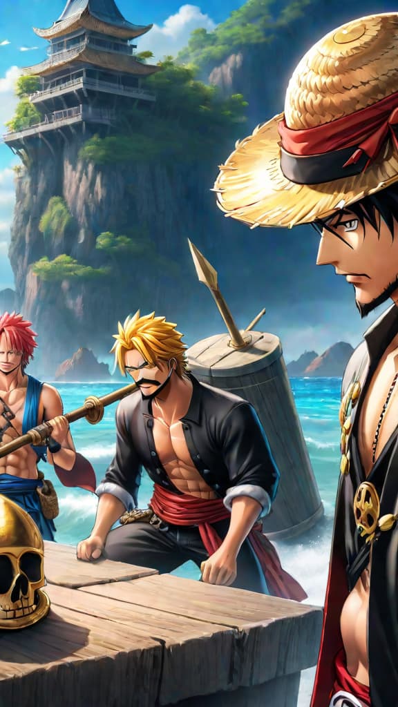  anime art: straw hat pirates uncovering secrets of ancient weapons pluton, poseidon, and uranus in one piece world. hyperrealistic, full body, detailed clothing, highly detailed, cinematic lighting, stunningly beautiful, intricate, sharp focus, f/1. 8, 85mm, (centered image composition), (professionally color graded), ((bright soft diffused light)), volumetric fog, trending on instagram, trending on tumblr, HDR 4K, 8K