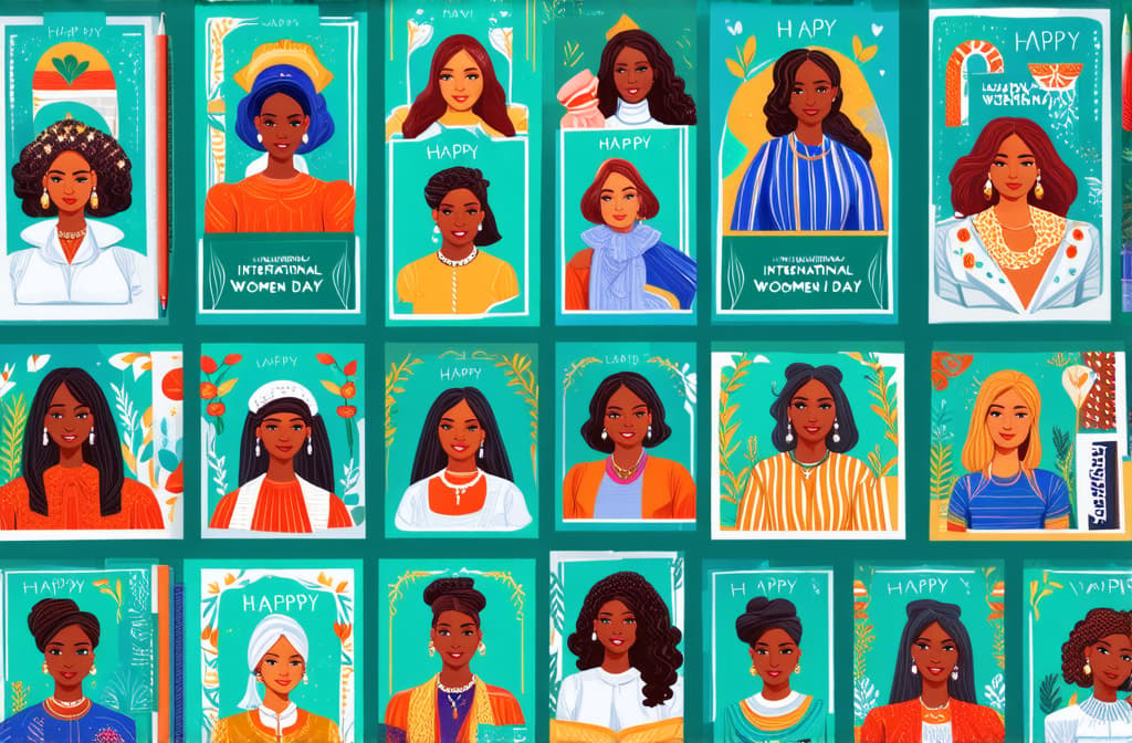  happy international women's day. march 8th. different races and nationalities. hand drawn vector illustrations. set of cards and seamless pattern ar 3:2 {prompt}, maximum details