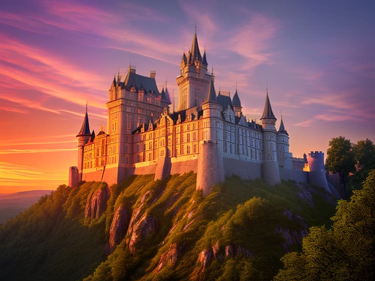  magnificent majestic royal castle on a hill at sunset on a summer day, realistic photo