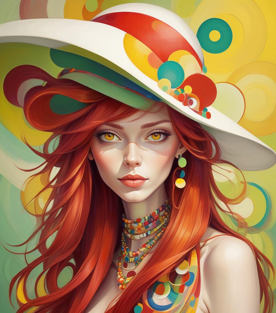  oil painting, beautiful lady in abstract style, long red hair, white bizarre hat with colorful circles, multicolored necklaces, earrings, yellow striped green background abstract vector fractal, wave function, zentangle, 3d shading