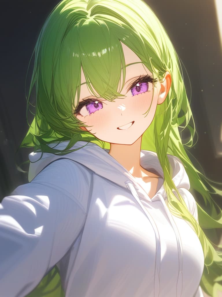  long hair, purple eyes, white hoodie, in the room, sunny, smiling, green hair, masterpiece, best quality,8k,ultra detailed,high resolution,an extremely delicate and beautiful,hyper detail