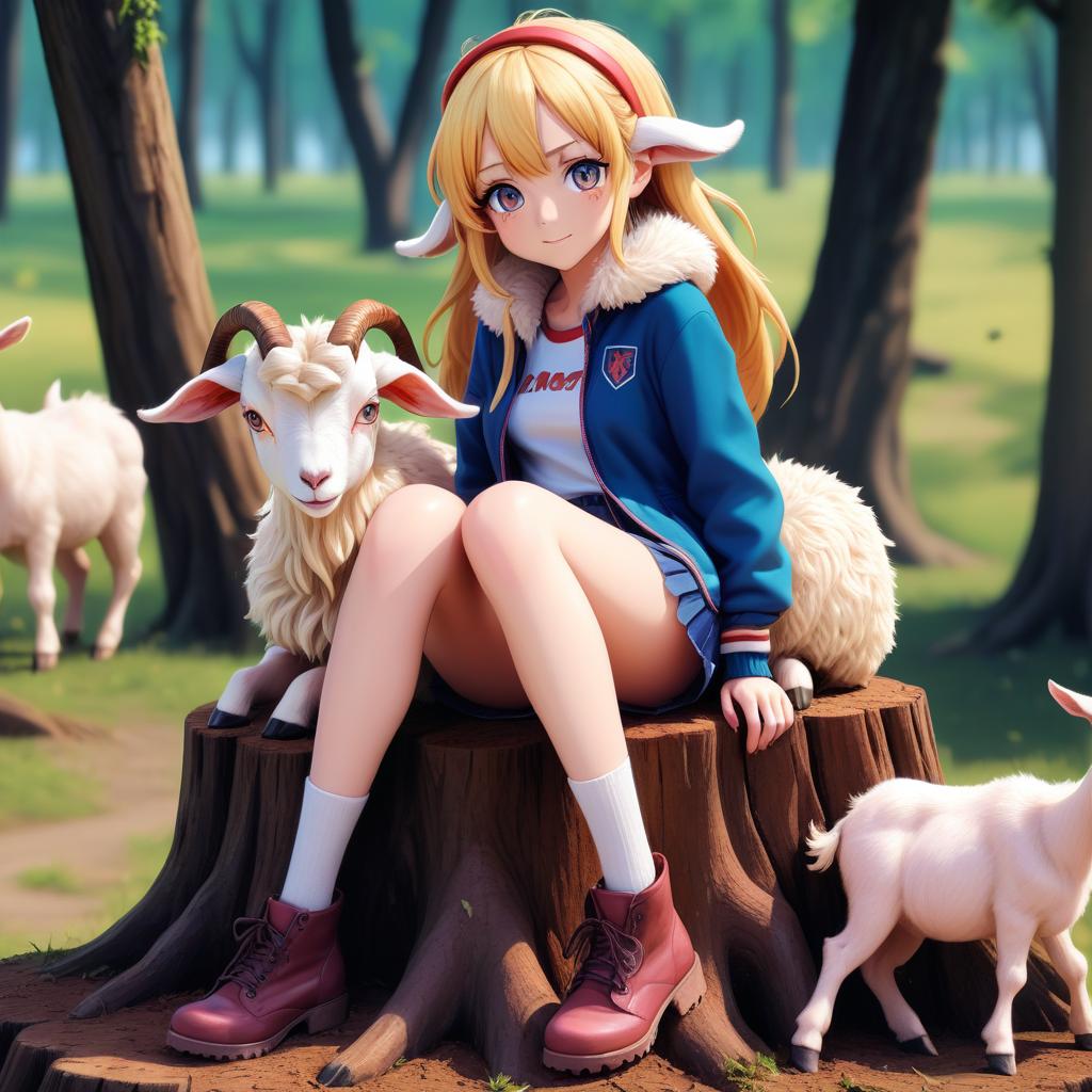  anime artwork the girl, her legs are goats, covered with wool hooves, sitting on a stump . anime style, key visual, vibrant, studio anime, highly detailed, sticker